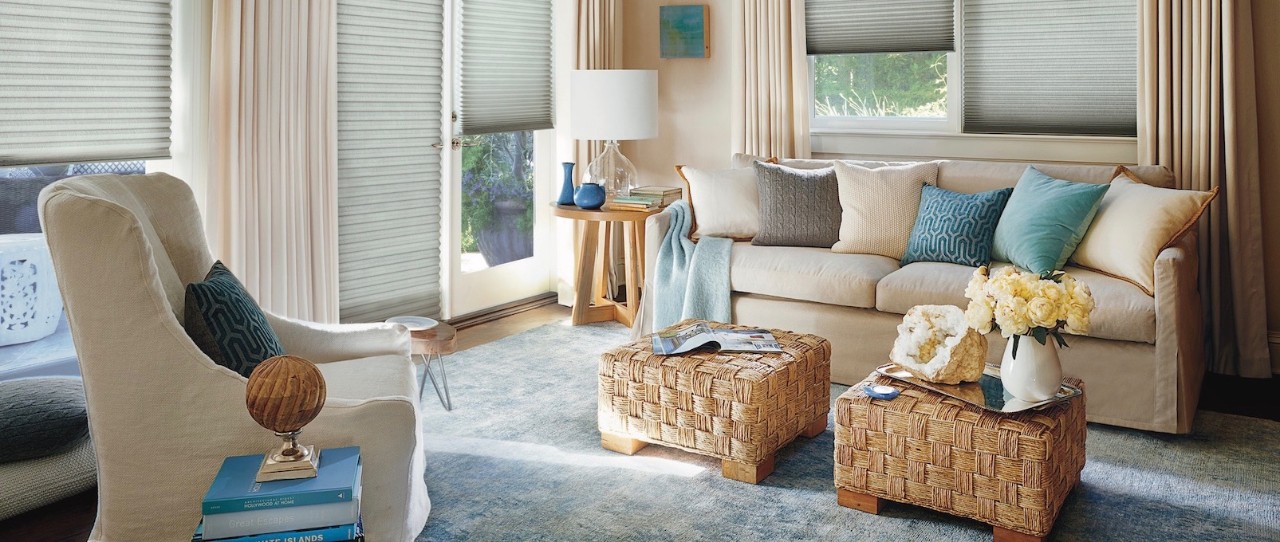 Livingroom with brown couch and blue pillows. Duette in the window